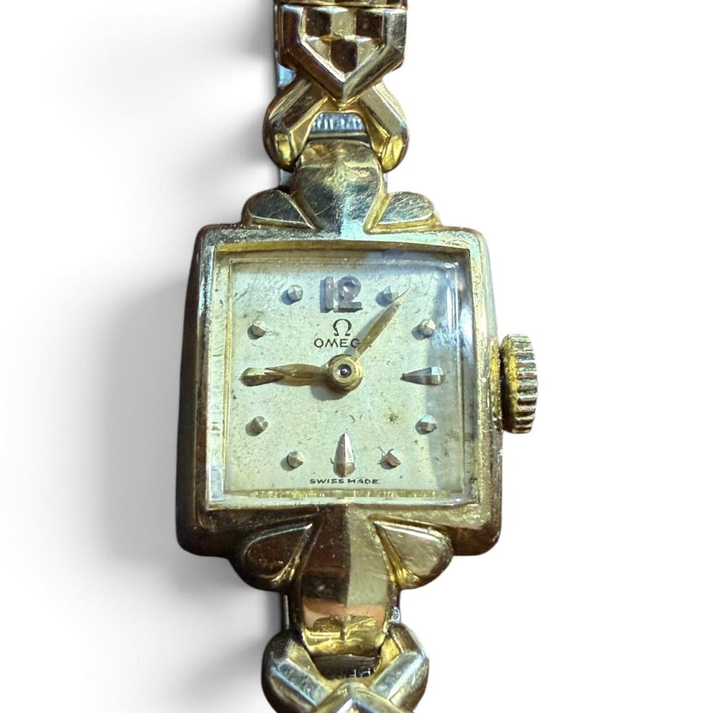 Vintage Omega Ladies Watch 14K Gold Filled Square Case Speidel Band Swiss Made